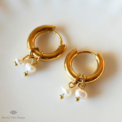 Mini Pearl with Chunky Huggie Earrings , Small Pearls , Pearl Glow , Minimalist Pearl Huggie Earrings,