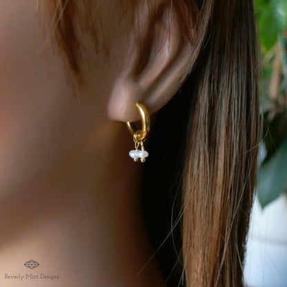 Mini Pearl with Chunky Huggie Earrings , Small Pearls , Pearl Glow , Minimalist Pearl Huggie Earrings,