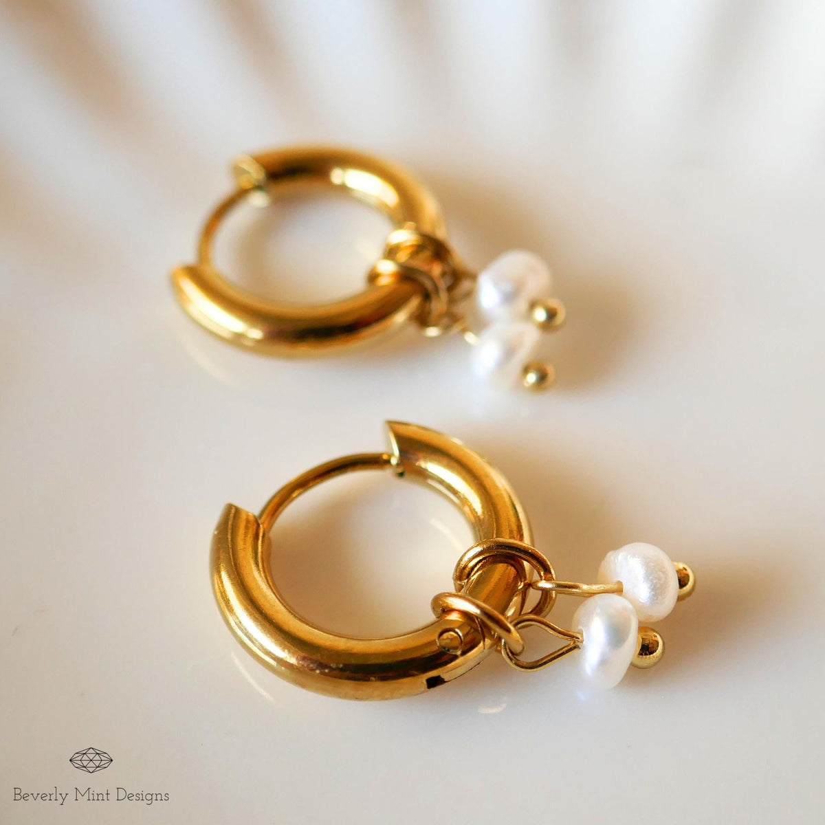 Mini Pearl with Chunky Huggie Earrings , Small Pearls , Pearl Glow , Minimalist Pearl Huggie Earrings,