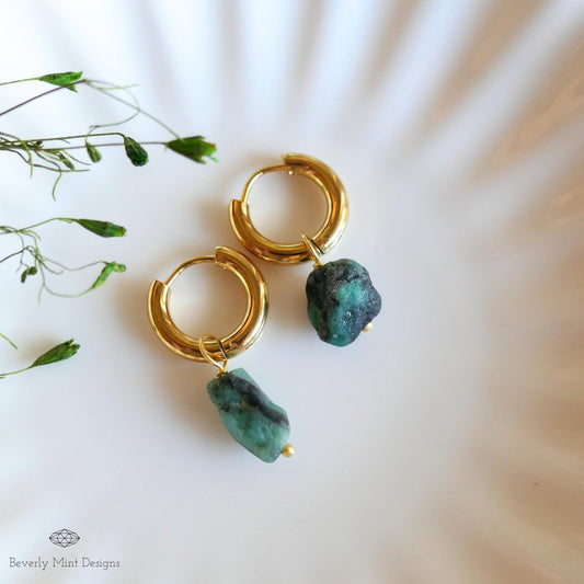 Raw Emerald Earrings, Green Raw Stone Earrings, 18K Gold Huggie Hoop Earrings with May Birthstone