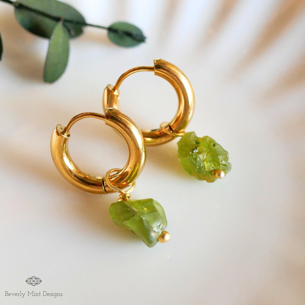 Raw Peridot Hoop Earrings, 18K Gold Plated Huggies, August Birthstone Jewelry