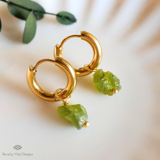 Raw Peridot Hoop Earrings, 18K Gold Plated Huggies, August Birthstone Jewelry