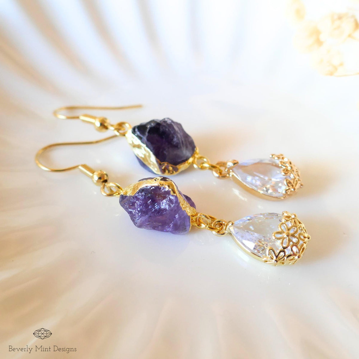 Raw Amethyst Earrings, Crystal Drop Earrings, Purple Dangle Earrings, Teardrop Bridal Jewelry, Sensitive Ear & Clip-On Options