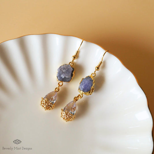 Tanzanite Raw Stone Earrings with CZ, 18K Gold Birthstone Jewelry, Raw Stone Earrings,Blue Earrings, Sensitive Ear & Clip-On Options
