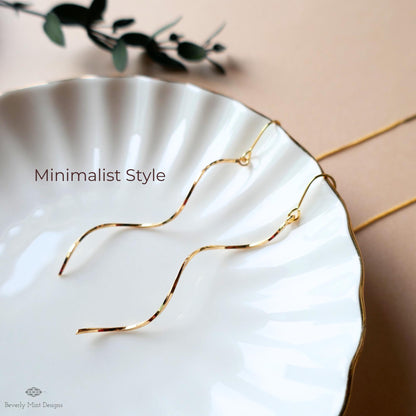 Gold Threader Earrings, Minimalist Wave Drop Earrings, Long Dainty Gold Earrings, Lightweight Elegant Jewelry, Gift For Her