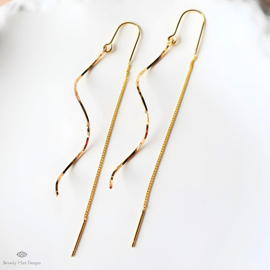 Gold Threader Earrings, Minimalist Wave Drop Earrings, Long Dainty Gold Earrings, Lightweight Elegant Jewelry, Gift For Her
