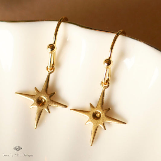 Gold Star Earrings ,North Star Starburst Earrings , Everyday Dainty Celestial Jewelry, Minimalist Earrings, Sensitive Ear & Clip-On Options