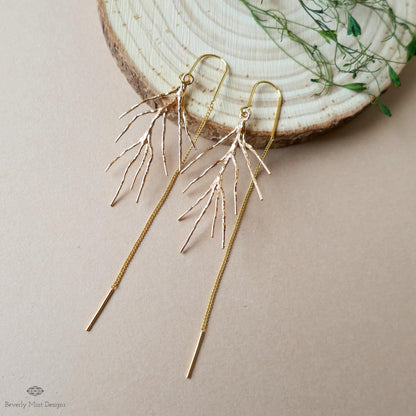 Gold Branch Threader Earrings, Long Dangle Earrings, Nature Inspired Jewelry, Minimalist Earrings, Sensitive Ear & Clip-On Options