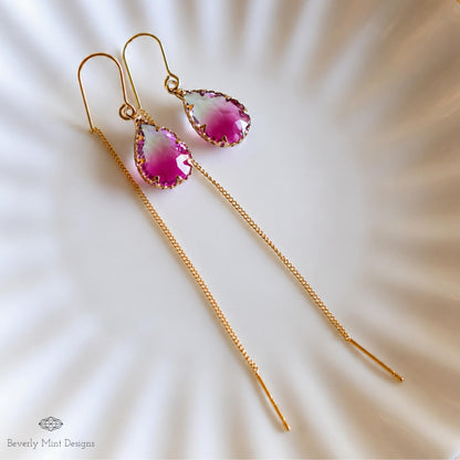 Gold Teardrop Crystal Earrings, Berry Purple Ombre Threader Earrings, Magenta Drop Earrings, Sensitive Ear & Clip-On Options