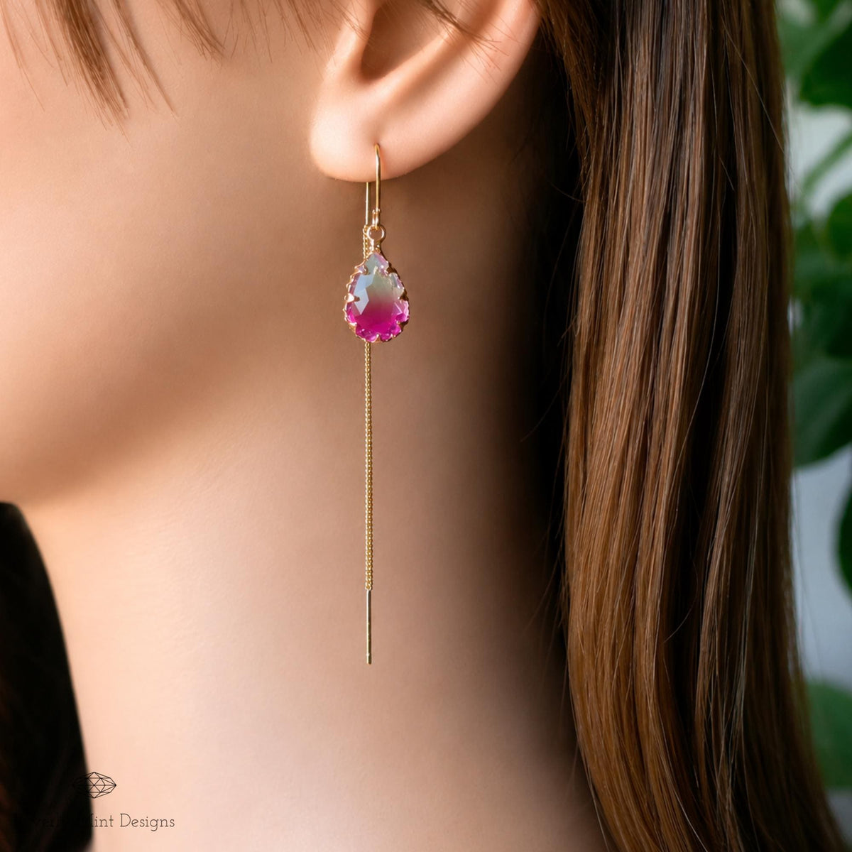 Gold Teardrop Crystal Earrings, Berry Purple Ombre Threader Earrings, Magenta Drop Earrings, Sensitive Ear & Clip-On Options
