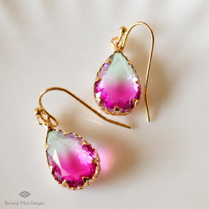 Purple Ombre Teardrop Earrings, Gold Crystal Drop Earrings, Faceted Glass Earrings, Sensitive Ear & Clip-On Options
