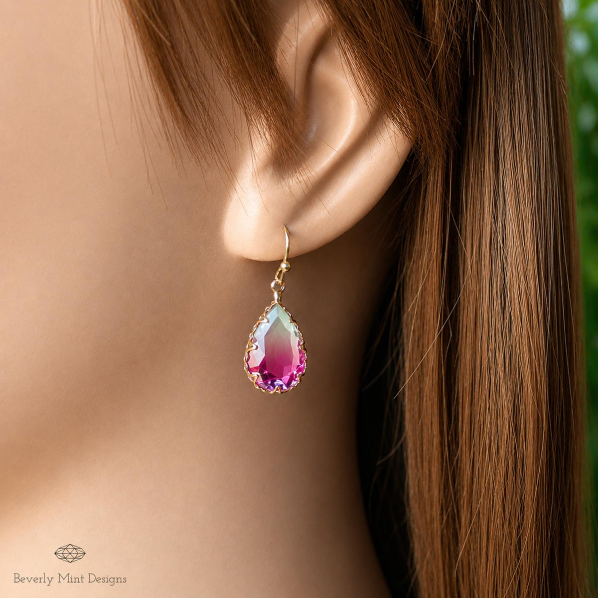 Purple Ombre Teardrop Earrings, Gold Crystal Drop Earrings, Faceted Glass Earrings, Sensitive Ear & Clip-On Options