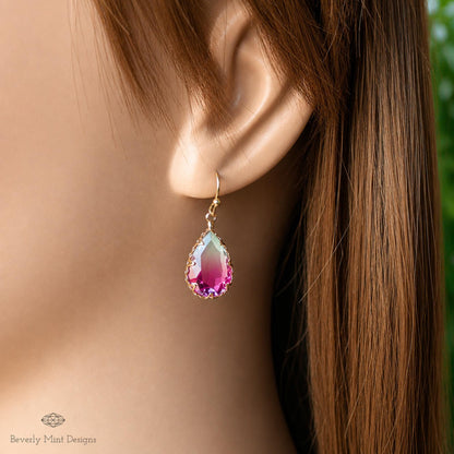 Purple Ombre Teardrop Earrings, Gold Crystal Drop Earrings, Faceted Glass Earrings, Sensitive Ear & Clip-On Options