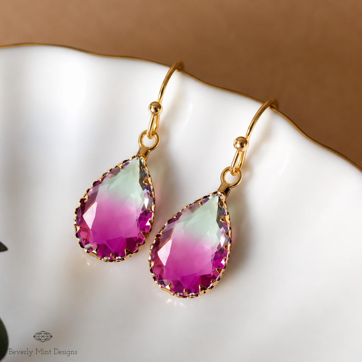 Purple Ombre Teardrop Earrings, Gold Crystal Drop Earrings, Faceted Glass Earrings, Sensitive Ear & Clip-On Options