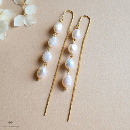 Freshwater Pearl Earrings with Gold Threader, Long Drop Earrings, Dainty Minimalist Jewelry, Sensitive Ear & Clip-On Options