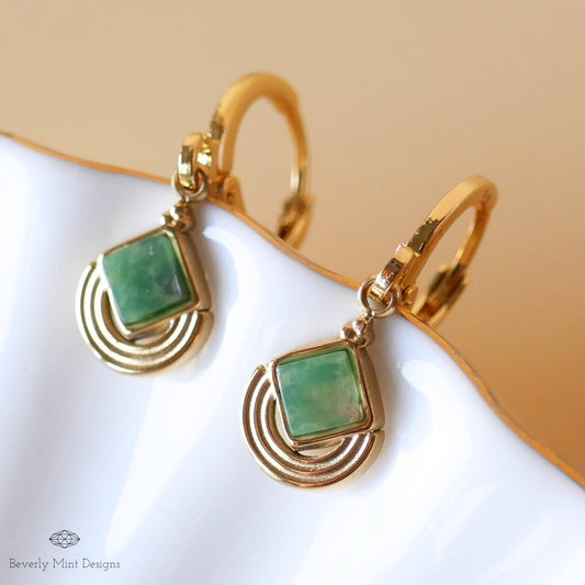 Vintage Green Earrings Gold, Boho Green Earrings, Statement Earrings, Antique Style Jewelry, Sensitive Ear & Clip-On Options