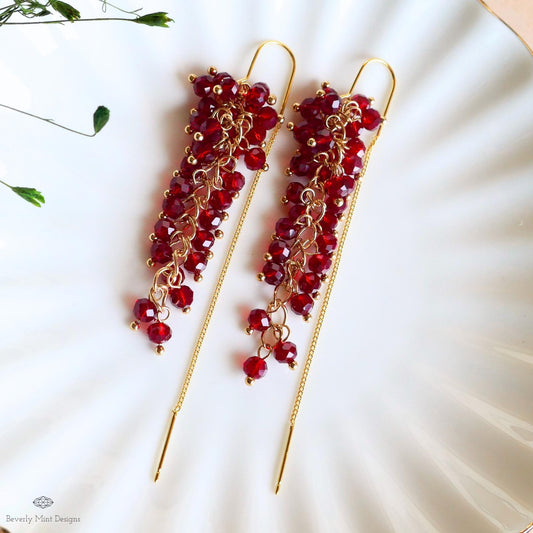 Red Crystal Dangle Earrings Gold Drop Earrings Sparkly Cluster Beaded Earrings Statement Jewelry Holiday, Sensitive Ear & Clip-On Options
