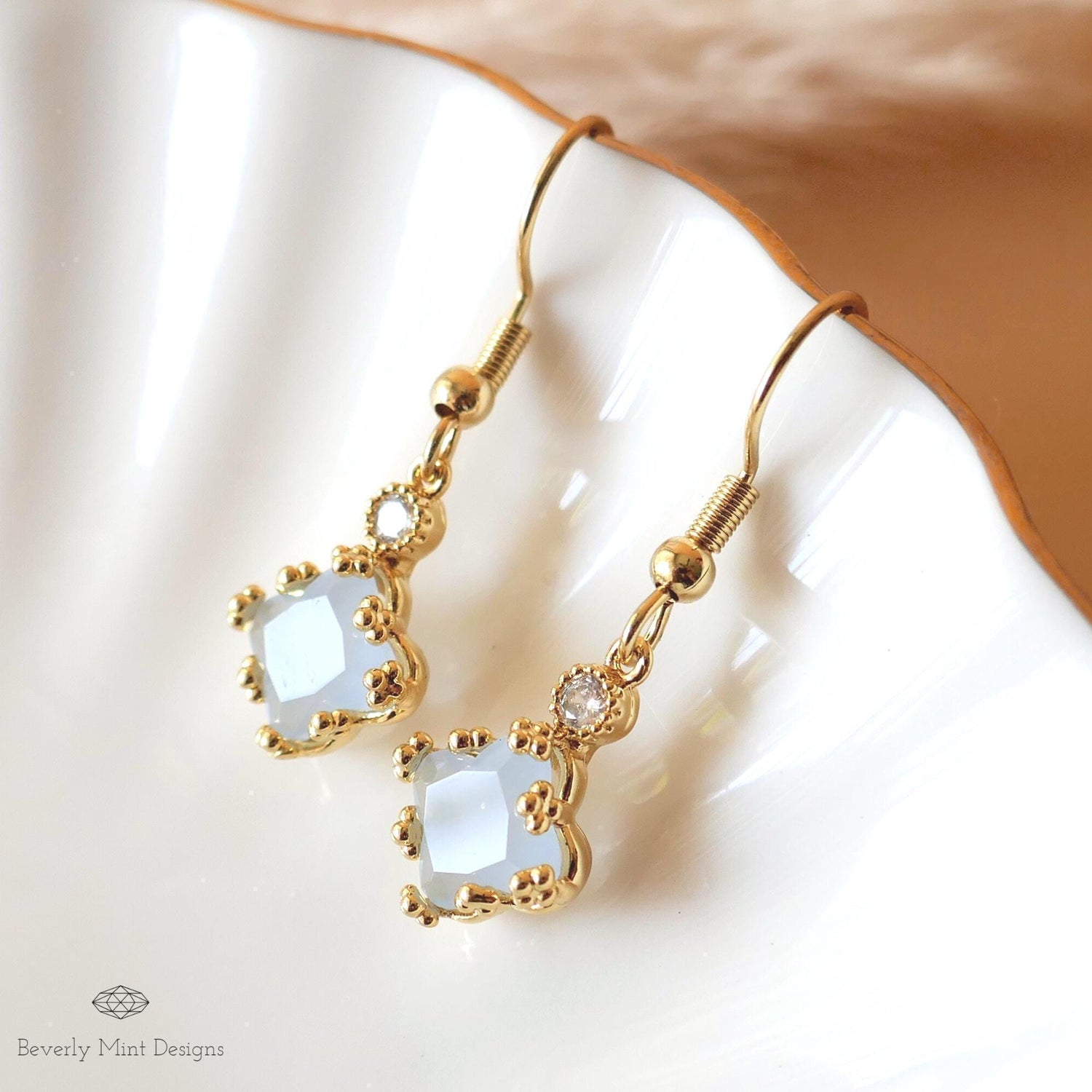 18K Gold Dainty Charm Earrings, Light Blue Earrings, Pale Blue Earrings, Drop and Dangle Earrings, Sensitive Ear & Clip-On Options