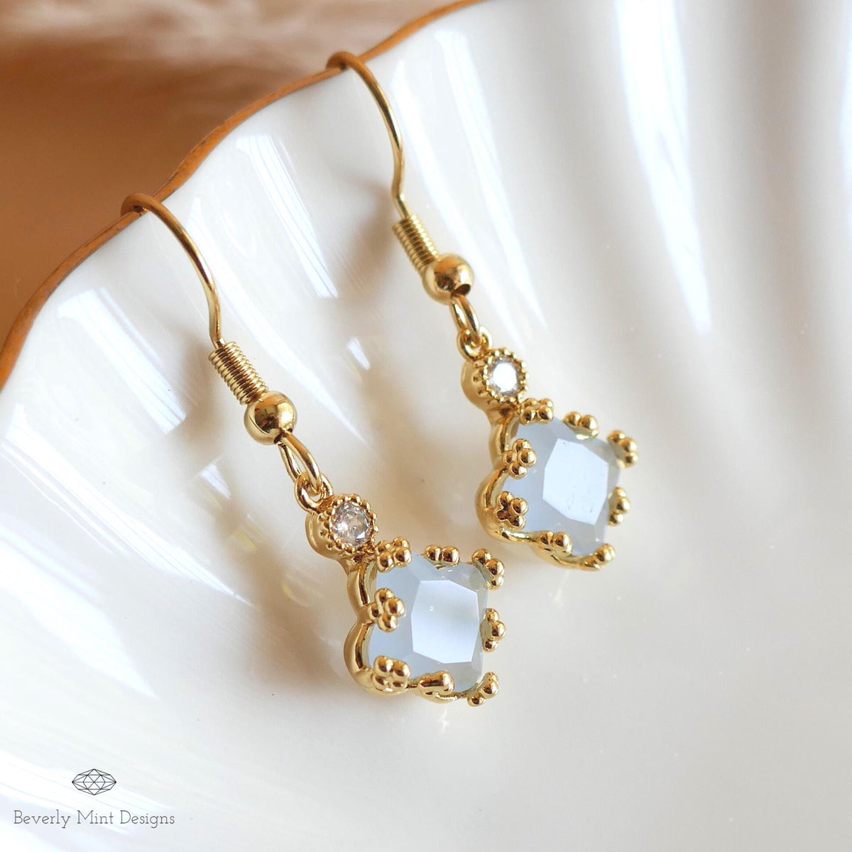 18K Gold Dainty Charm Earrings, Light Blue Earrings, Pale Blue Earrings, Drop and Dangle Earrings, Sensitive Ear & Clip-On Options
