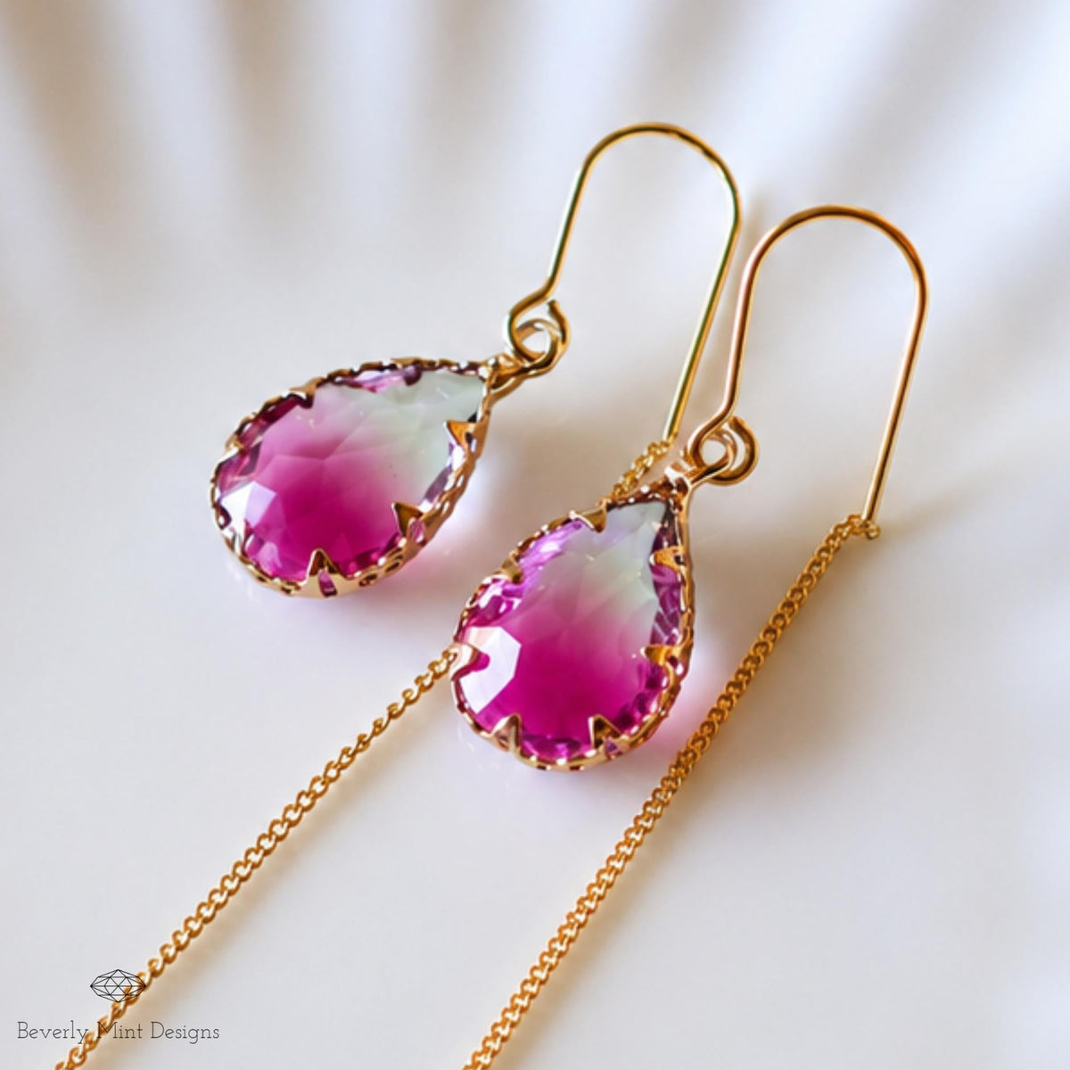 Gold Teardrop Crystal Earrings, Berry Purple Ombre Threader Earrings, Magenta Drop Earrings, Sensitive Ear & Clip-On Options