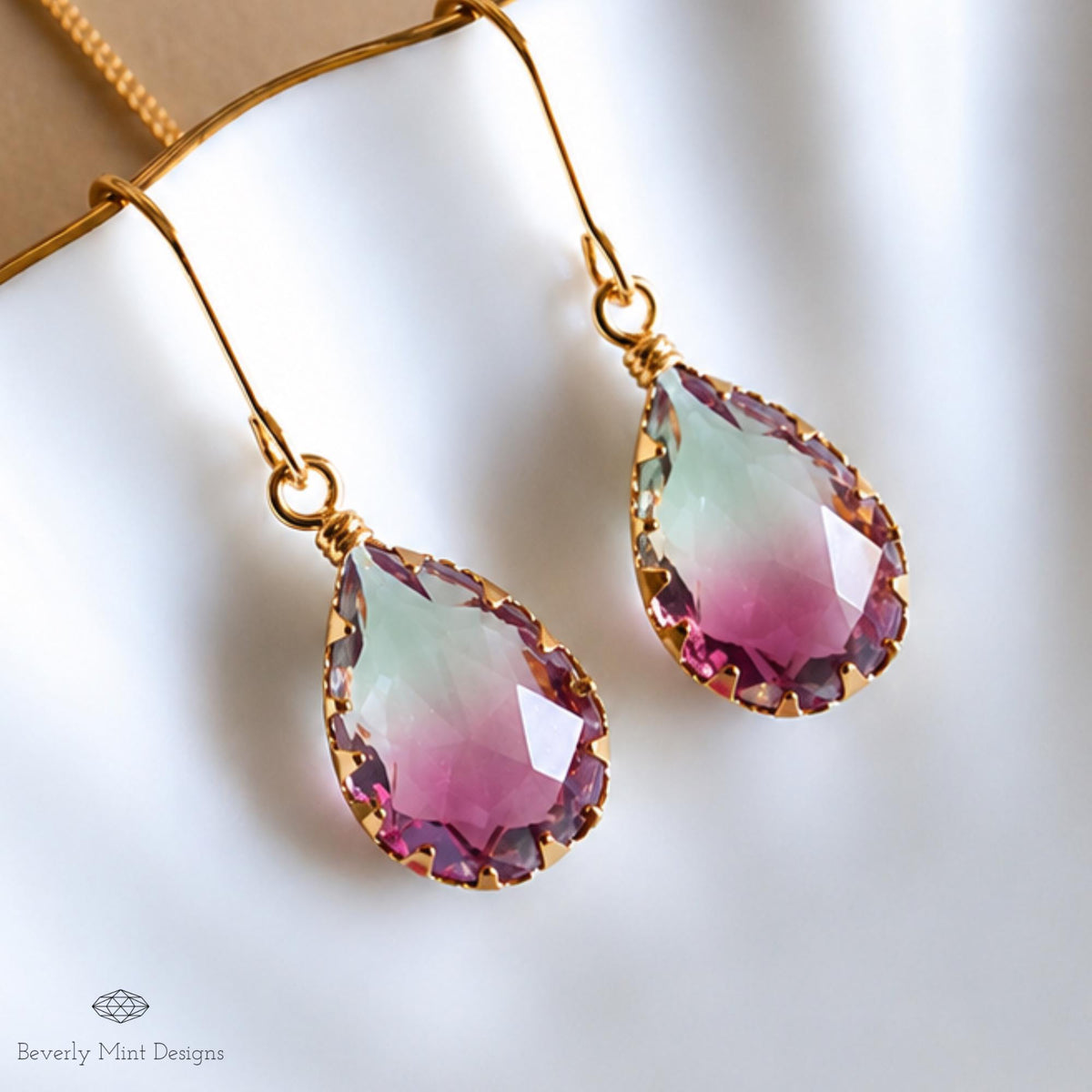 Gold Teardrop Crystal Earrings, Berry Purple Ombre Threader Earrings, Magenta Drop Earrings, Sensitive Ear & Clip-On Options