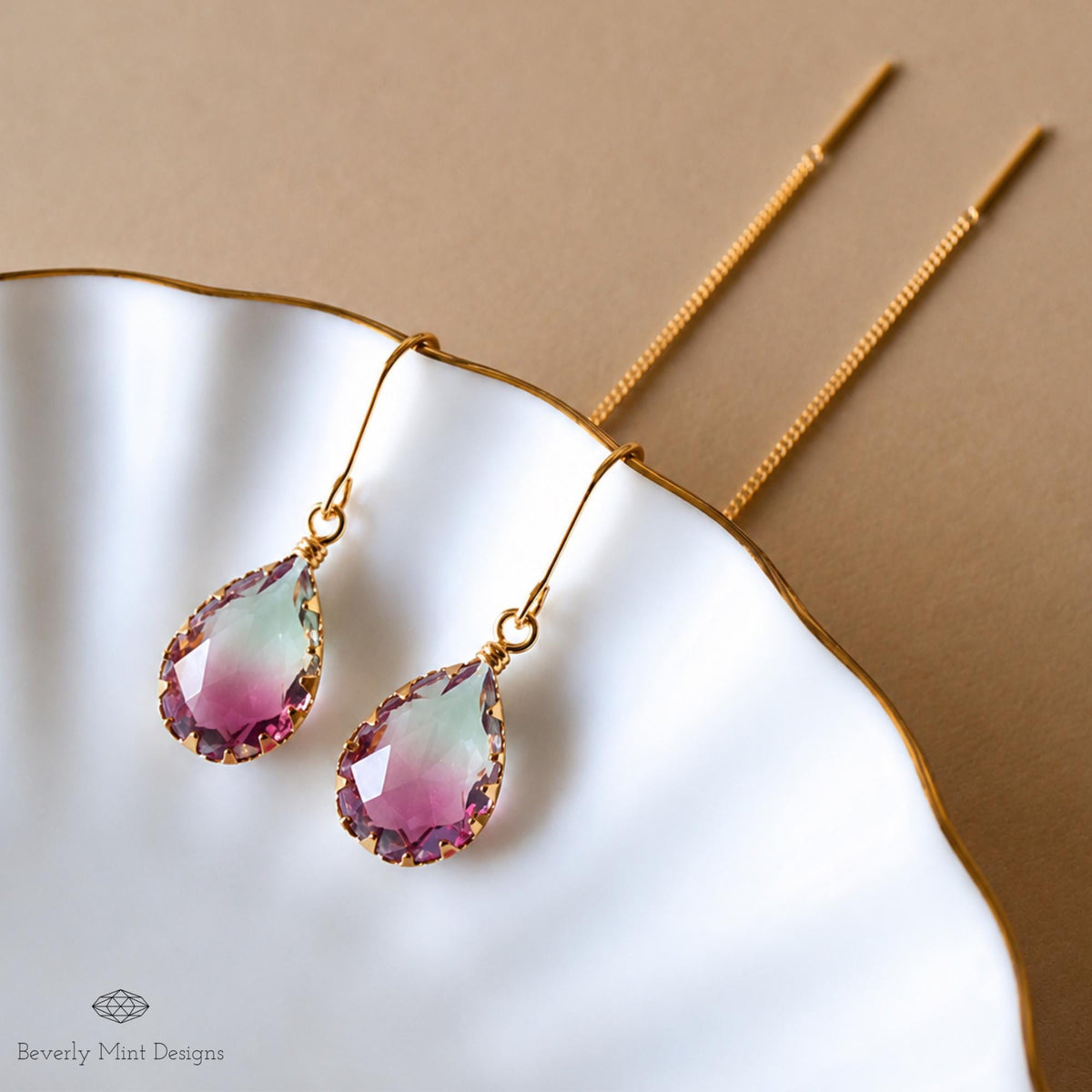 Gold Teardrop Crystal Earrings, Berry Purple Ombre Threader Earrings, Magenta Drop Earrings, Sensitive Ear & Clip-On Options