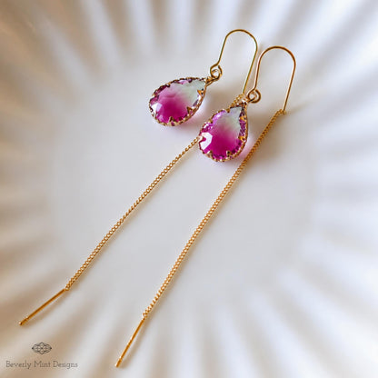 Gold Teardrop Crystal Earrings, Berry Purple Ombre Threader Earrings, Magenta Drop Earrings, Sensitive Ear & Clip-On Options
