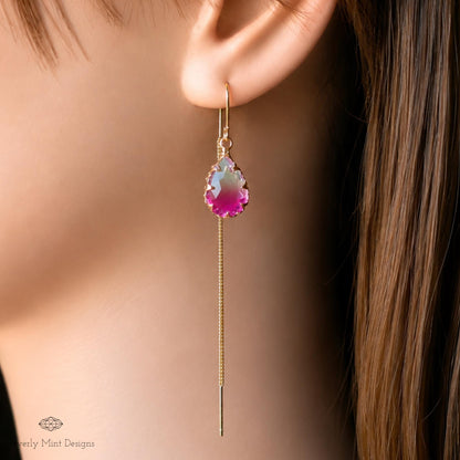 Gold Teardrop Crystal Earrings, Berry Purple Ombre Threader Earrings, Magenta Drop Earrings, Sensitive Ear & Clip-On Options