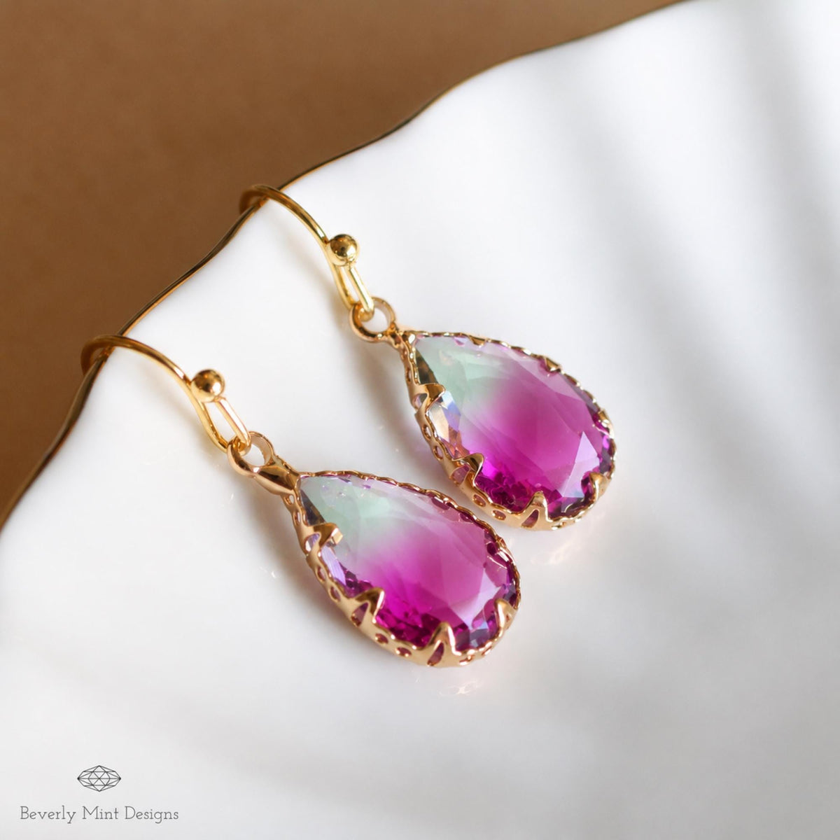 Purple Ombre Teardrop Earrings, Gold Crystal Drop Earrings, Faceted Glass Earrings, Sensitive Ear & Clip-On Options