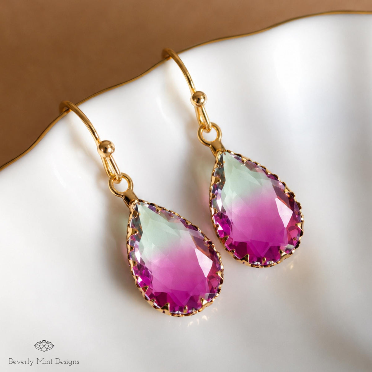 Purple Ombre Teardrop Earrings, Gold Crystal Drop Earrings, Faceted Glass Earrings, Sensitive Ear & Clip-On Options
