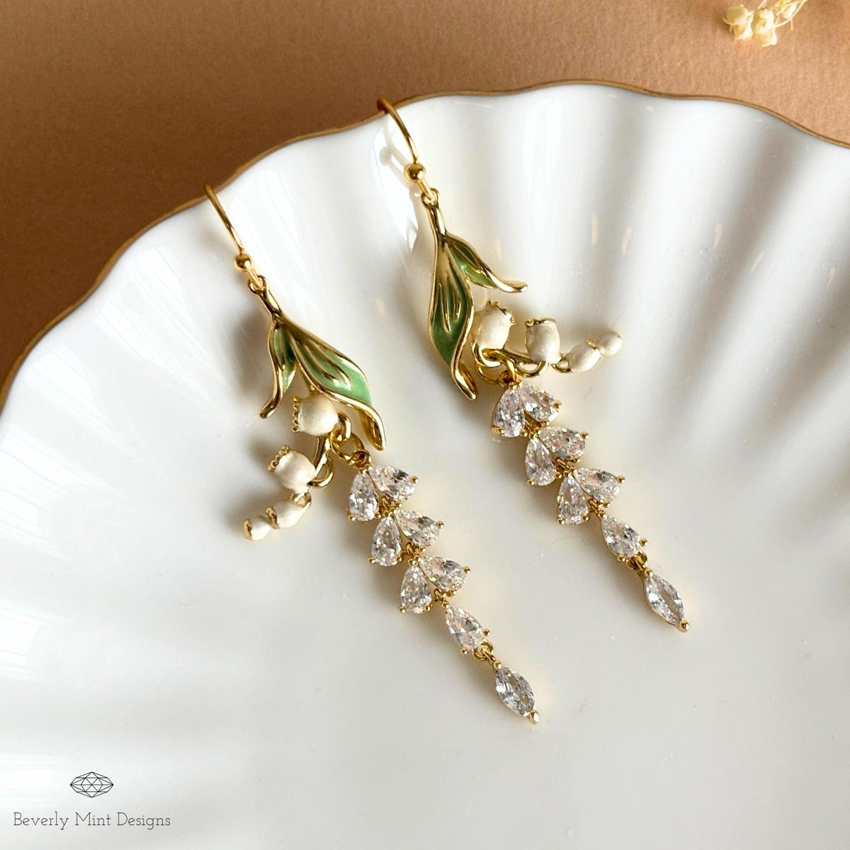 Lily of the Valley Bridal Earrings, Gold CZ Flower Drops, Single or Double Style