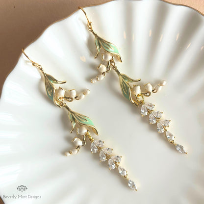Lily of the Valley Bridal Earrings, Gold CZ Flower Drops, Single or Double Style