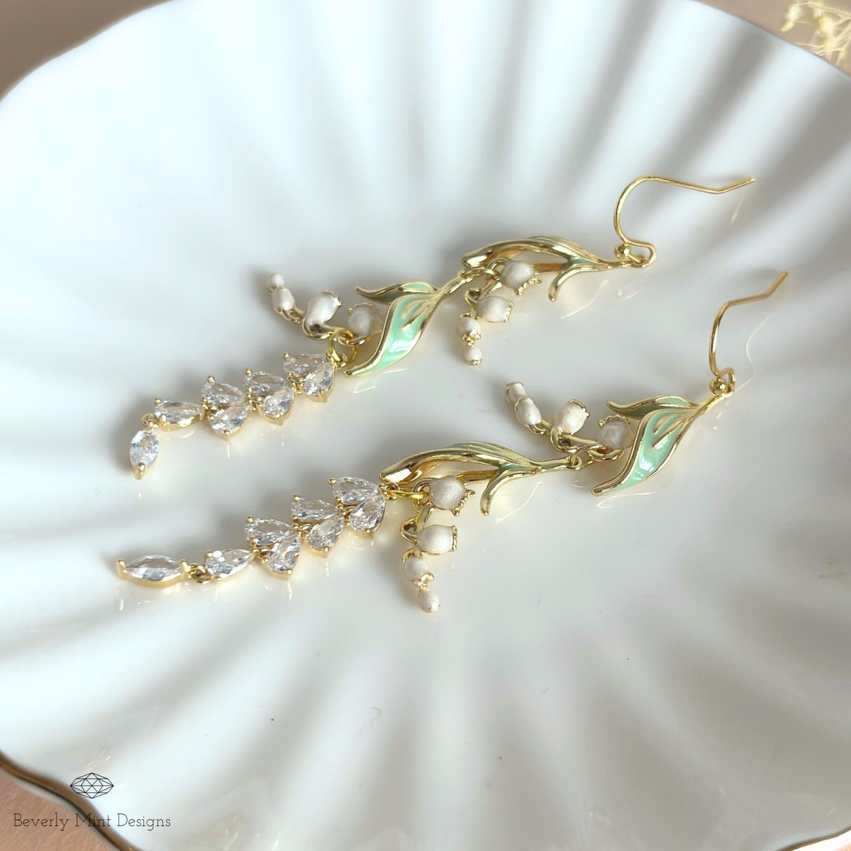 Lily of the Valley Bridal Earrings, Gold CZ Flower Drops, Single or Double Style