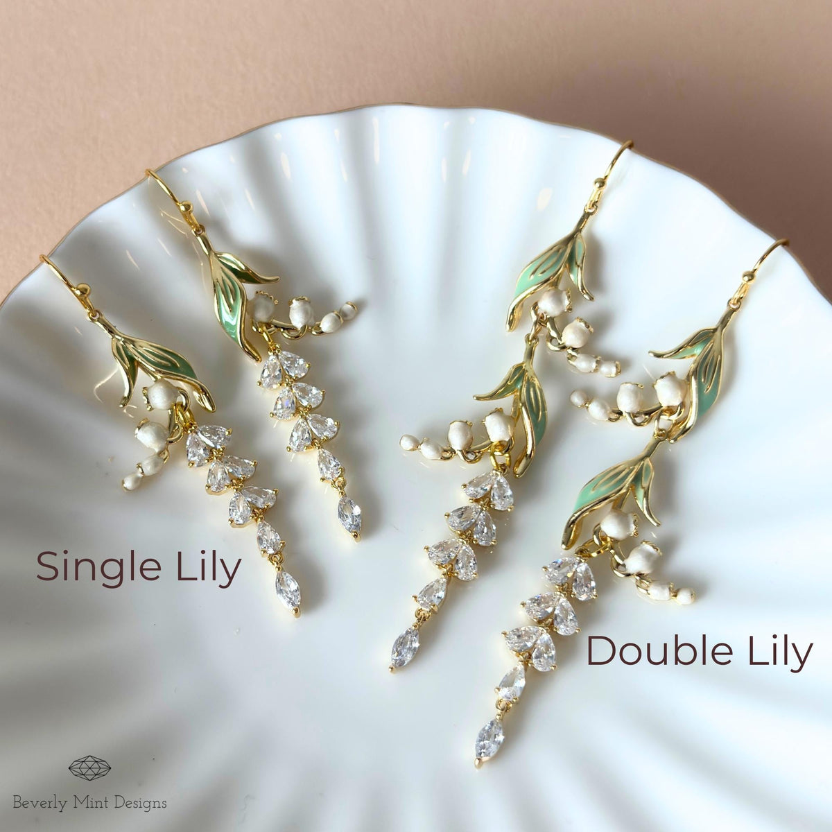 Lily of the Valley Bridal Earrings, Gold CZ Flower Drops, Single or Double Style