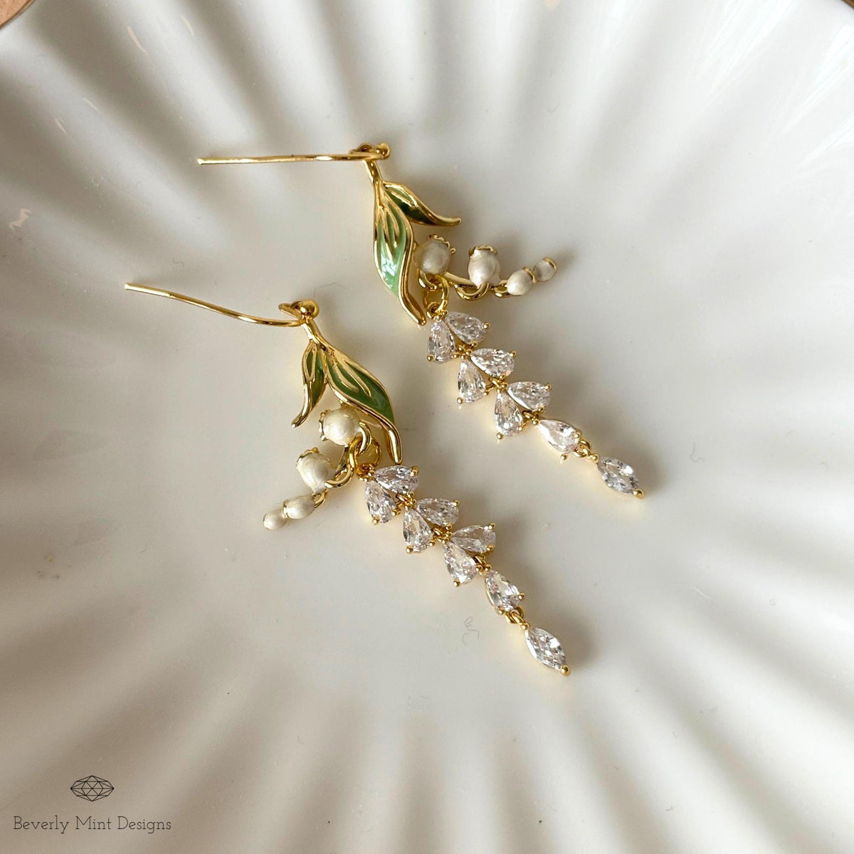 Lily of the Valley Bridal Earrings, Gold CZ Flower Drops, Single or Double Style