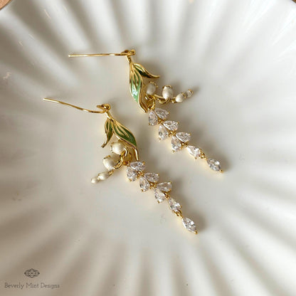 Lily of the Valley Bridal Earrings, Gold CZ Flower Drops, Single or Double Style