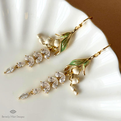 Lily of the Valley Bridal Earrings, Gold CZ Flower Drops, Single or Double Style